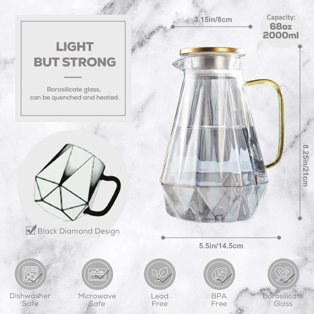 68 Oz Black Diamond Glass Pitcher with Lid - Elegant Water Carafe for Hot/Cold Beverages, Ideal for Iced Tea and Coffee, Durable Design with Handle