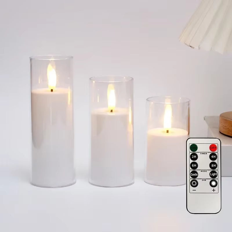 Clear Acrylic Flameless Candles Battery Operated with Remote Timer Flickering Flame Fake Candles for Wedding Halloween Homedecor
