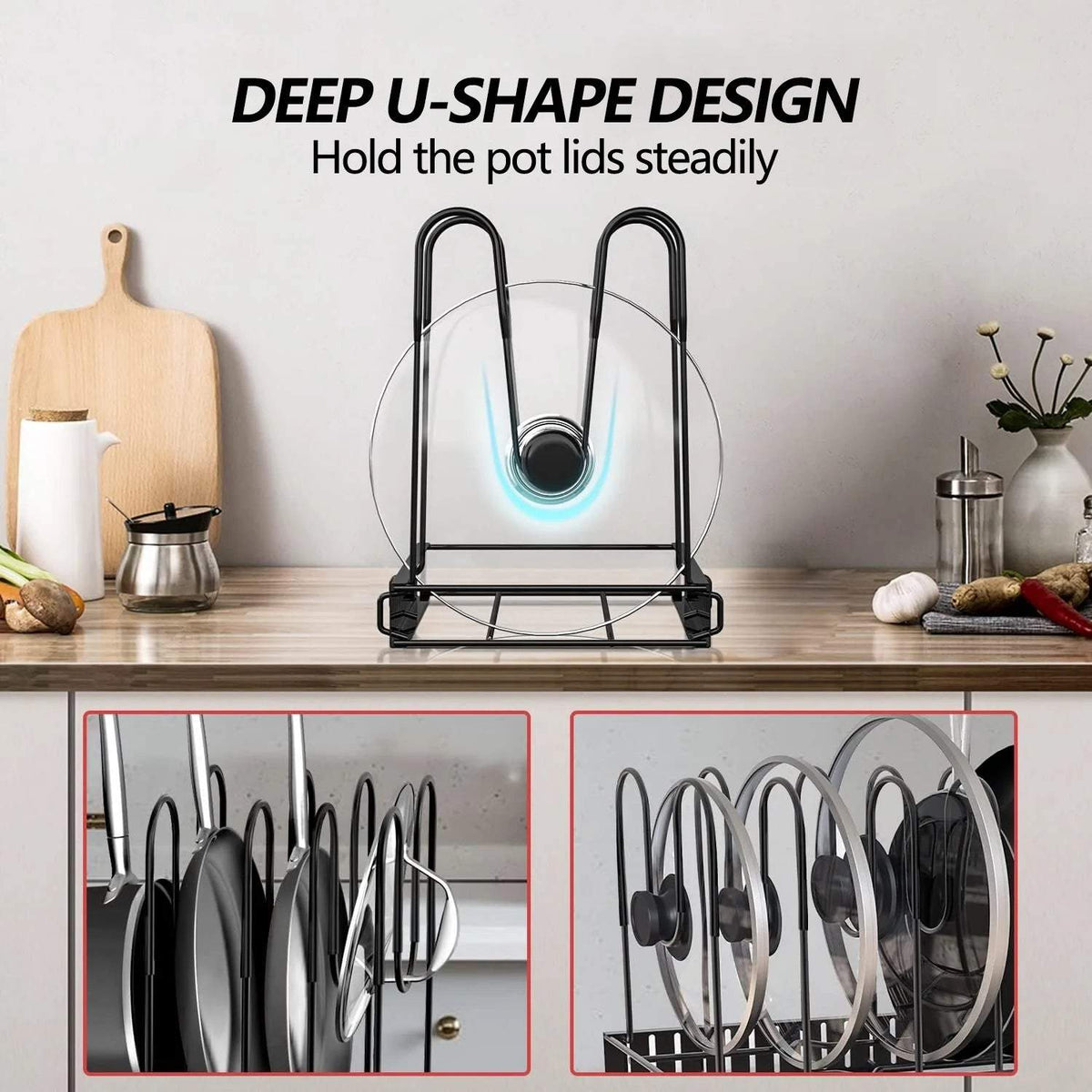 Pot and pan organizer holding lids upright