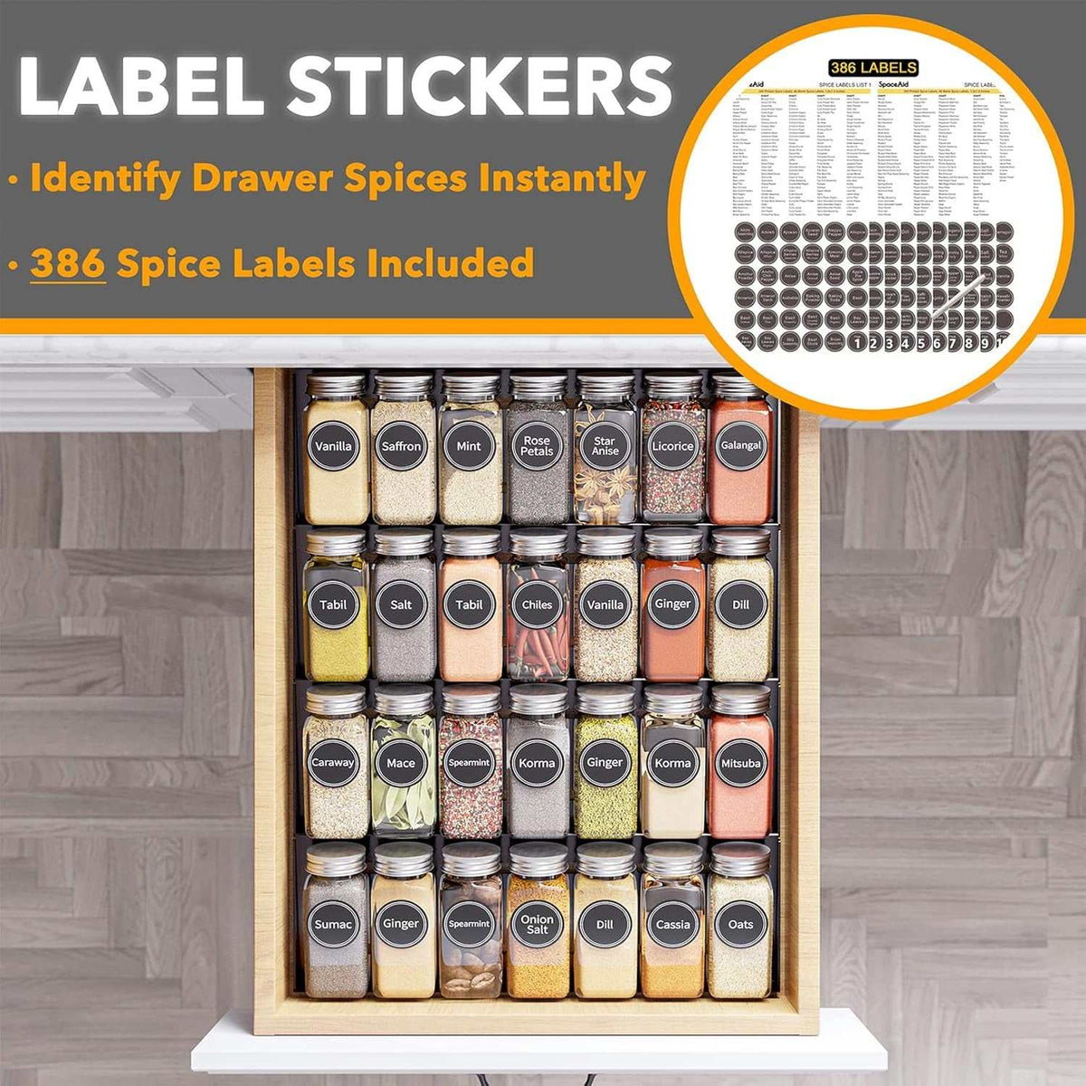 Spice Drawer Organizer Set with 28 Spice Jars, 386 Spice Labels, and 4-Tier Seasoning Rack Tray Insert for Kitchen Drawers, 13" W x 17.5" D