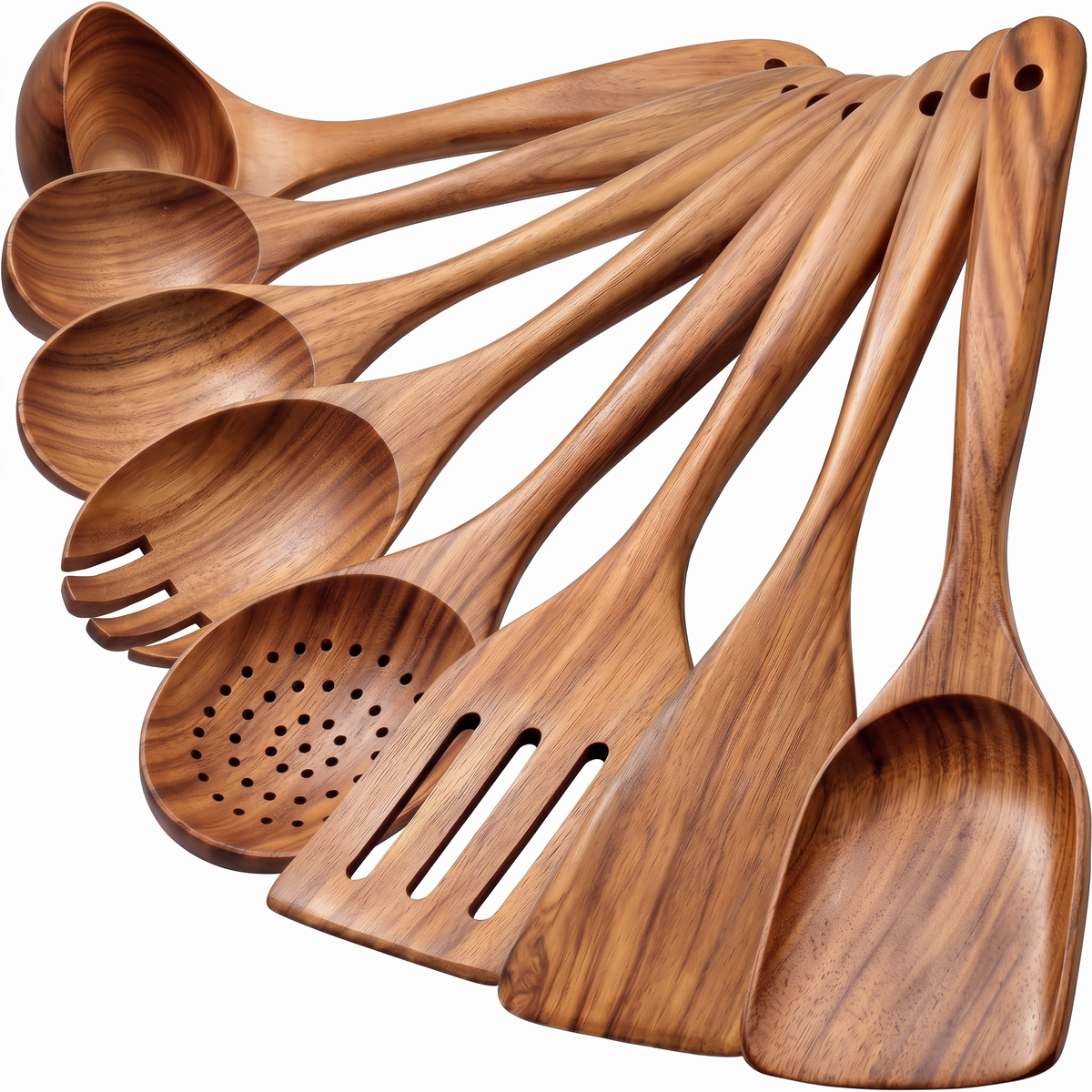 Eight teak wood cooking utensils fanned out