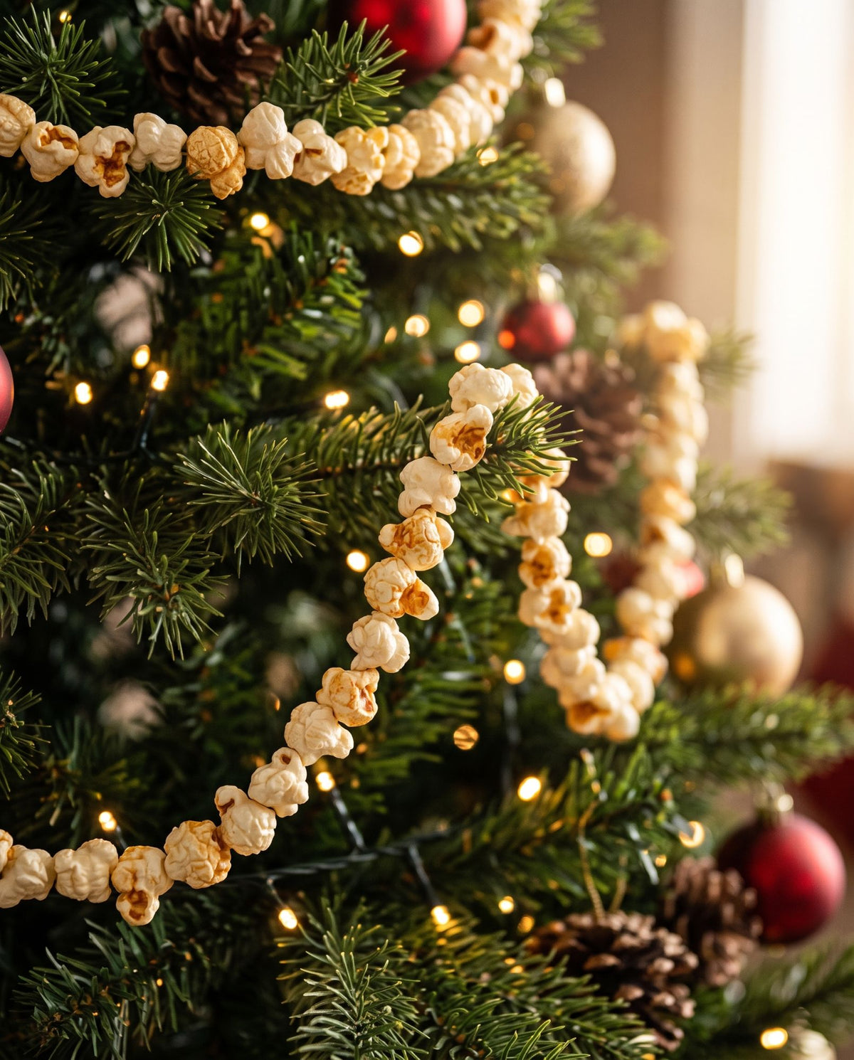 Popcorn-string garland on a decorated Christmas tree (lifestyle image)