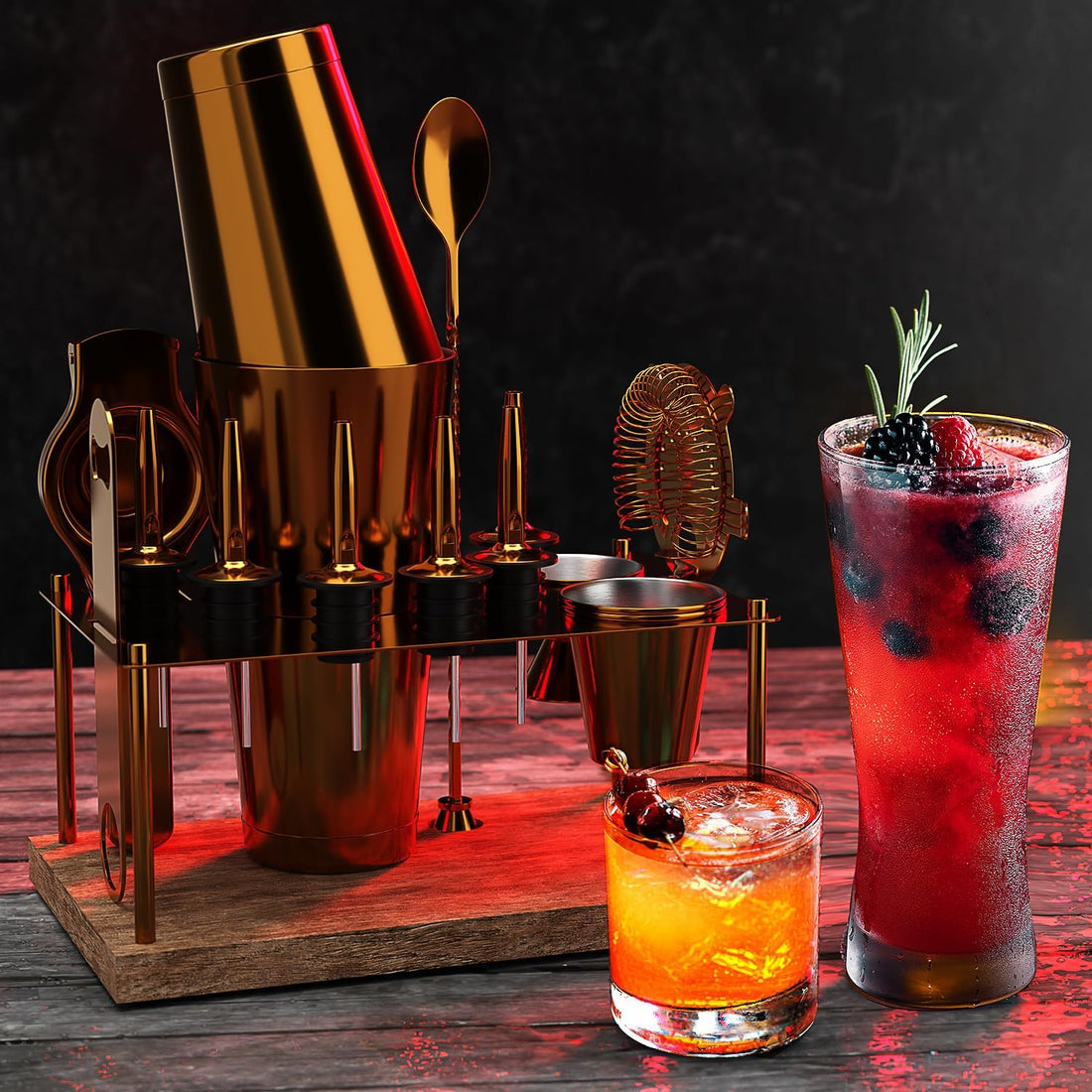 Gold cocktail shaker set on a wooden stand beside two cocktails