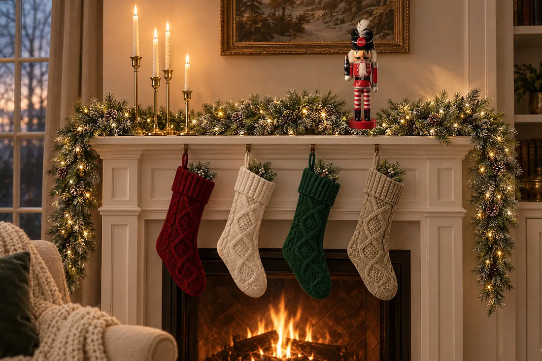 Christmas mantel decorated with a lit snow-tipped garland, gold taper candle holders, a red-and-white nutcracker and four knit stockings above a glowing fireplace