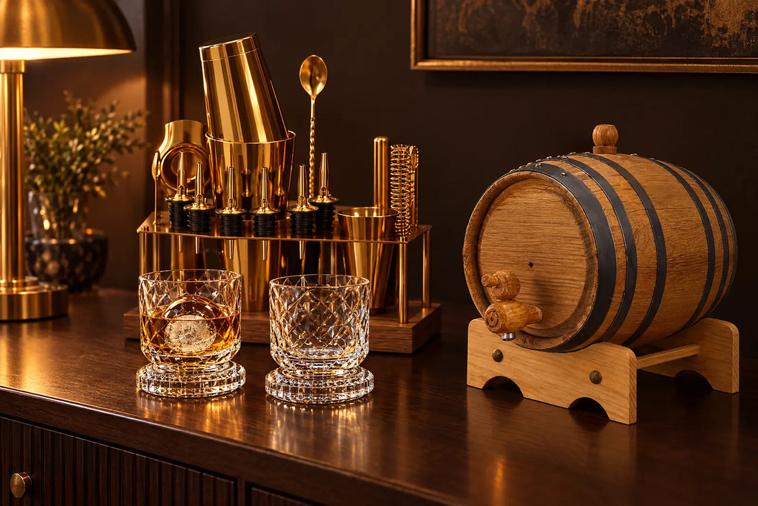 Home bar at night with diamond-cut spinning whiskey glasses, a small oak barrel and a gold cocktail shaker set on a walnut console