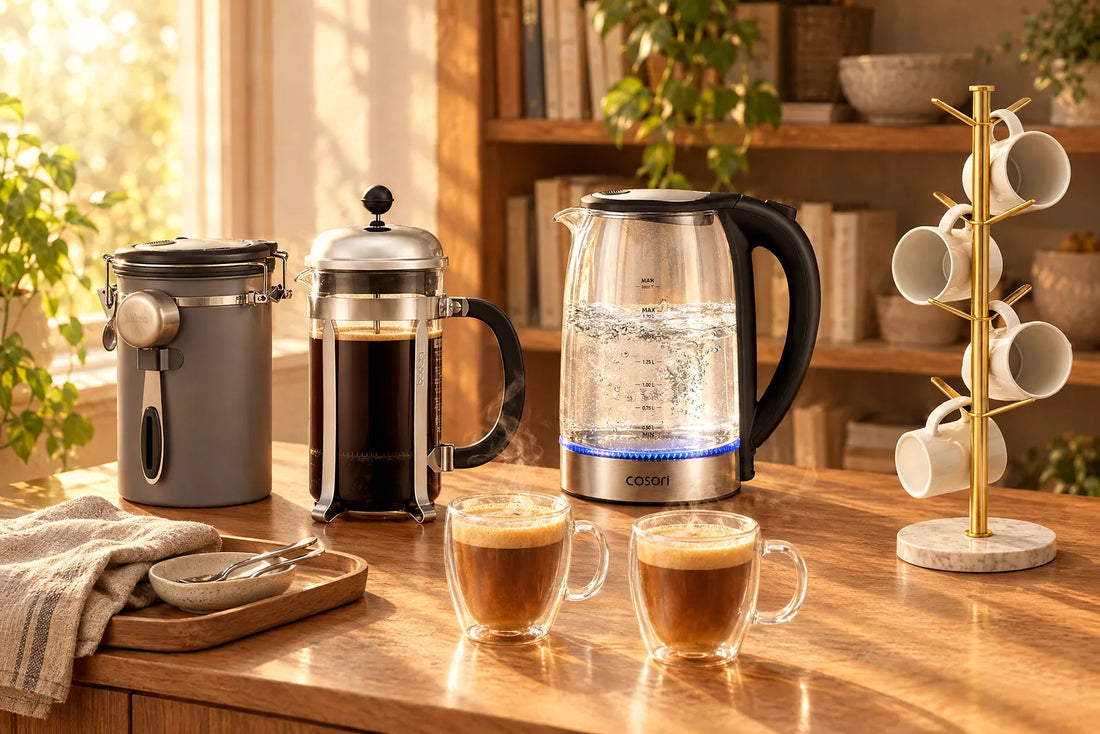 Home coffee station on an oak sideboard with an airtight canister, a French press, a glass electric kettle, a gold mug tree and two glass mugs of coffee in morning sun