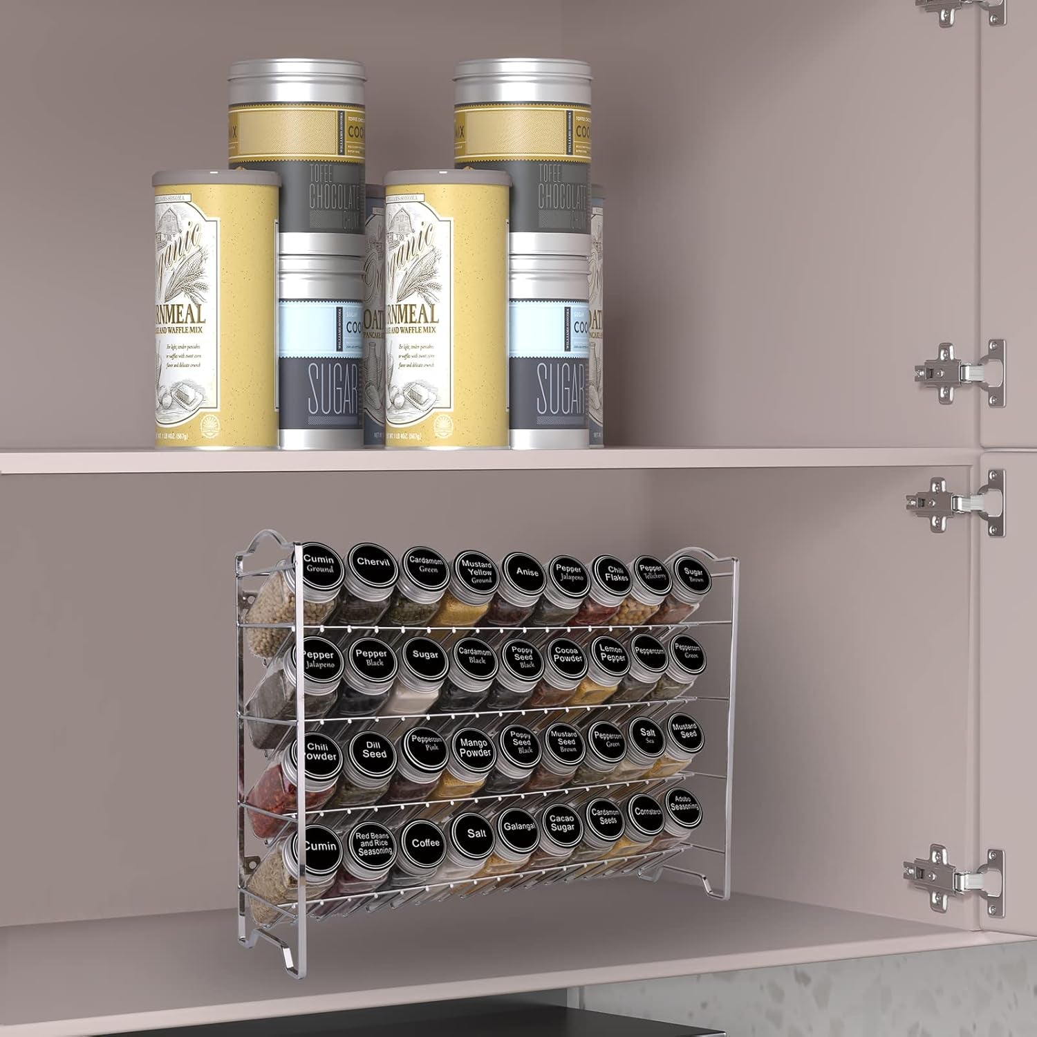 Spice Rack Organizer with 36 Empty Square Spice Jars, 396 Spice Labels with Chalk Marker and Funnel Complete Set, for Countertop, Cabinet or Wall Mount,Silver