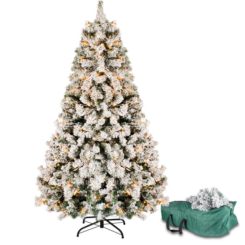 OTM 6.5FT Pre-Lit Artificial Christmas Tree with with 250 Multi-Color & Warm White LED Lights, 9 Lighting Modes, Snow Flocked Full Prelighted Xmas Tree with Foldable Stand Decor Decoration Ornaments, Includes Storage Bag, White