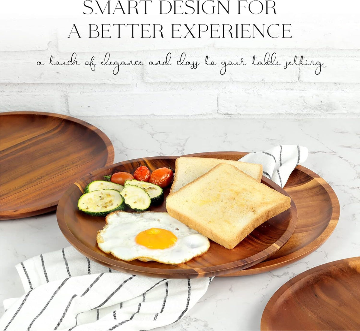 Acacia wood plate with eggs and toast on a marble table