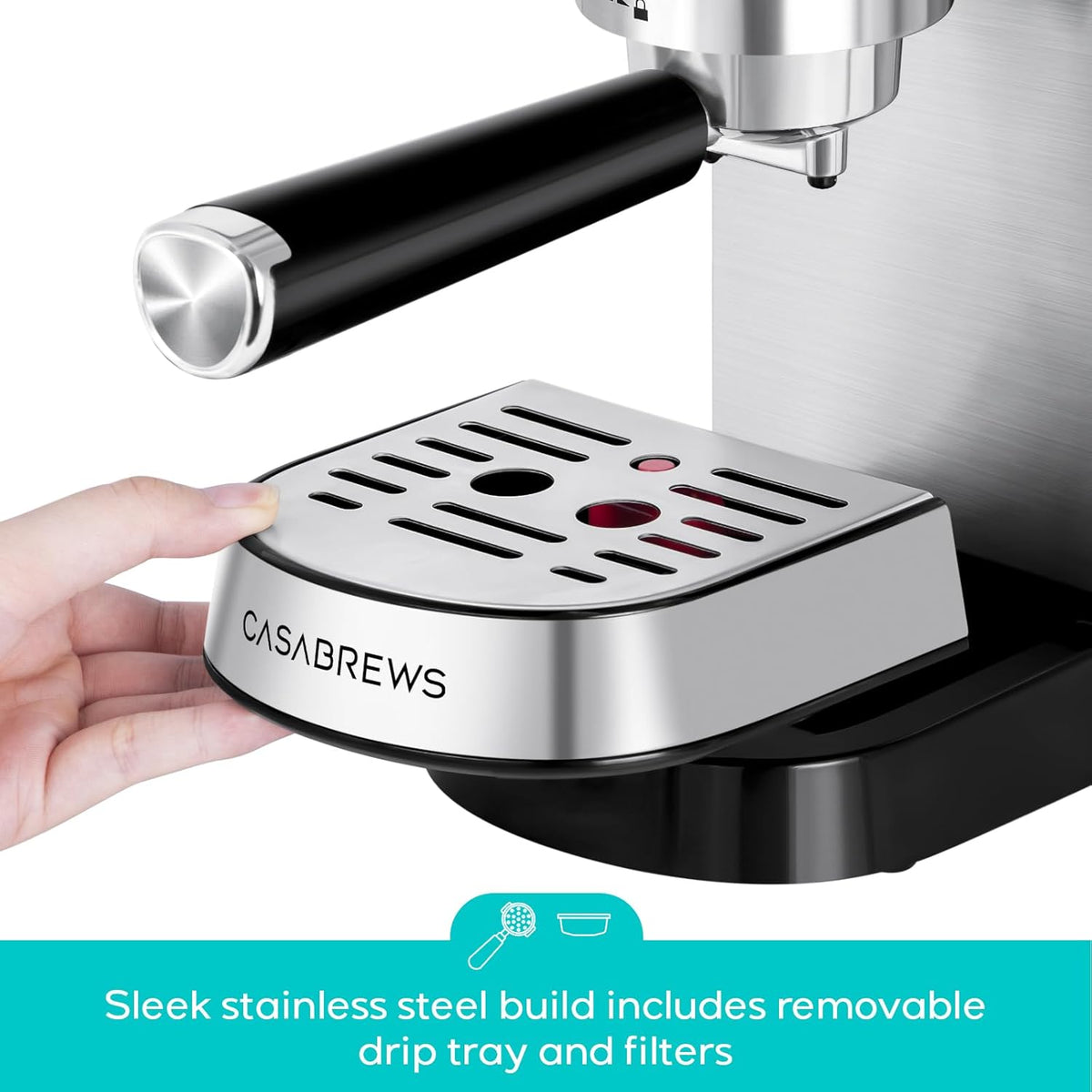 Removable drip tray being pulled out from the stainless steel base