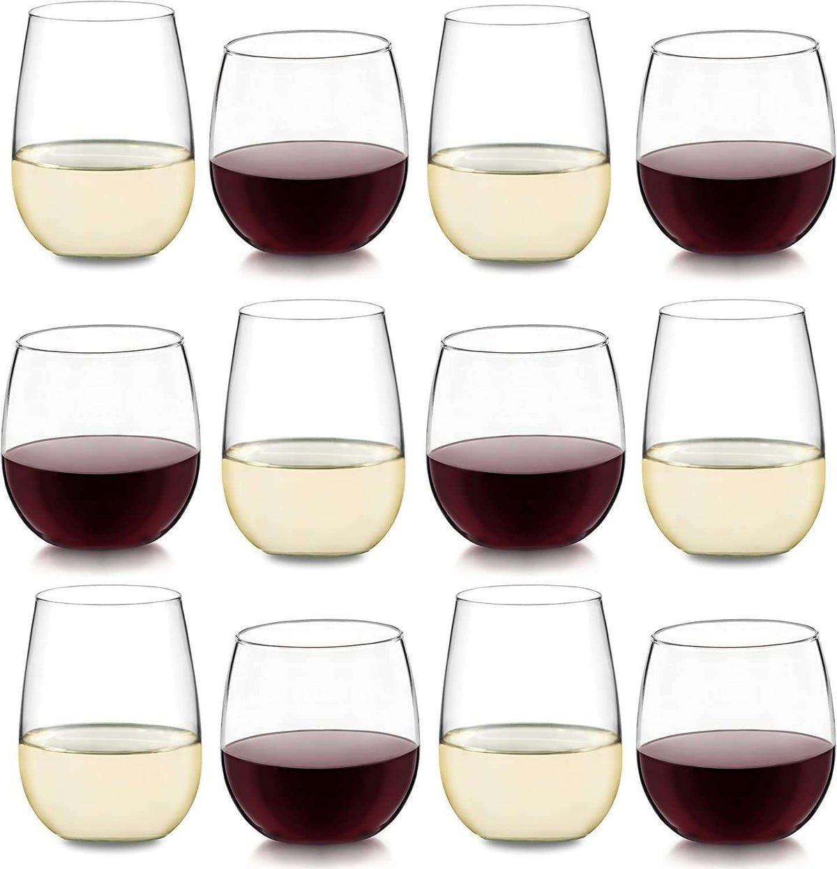 Set of 12 stemless wine glasses, six for red wine and six for white