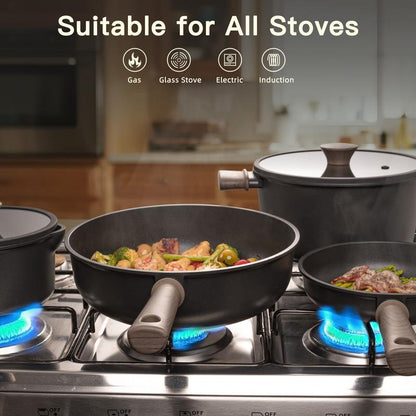 Astercook 18-Piece Non-Stick Cookware Set with Elegant Wooden Handles, Frying Pan, Stew Pot, Steamer, Suitable for Induction Cooktops, Kitchen Cooking Set, Oven Safe, High Temperature Resistant