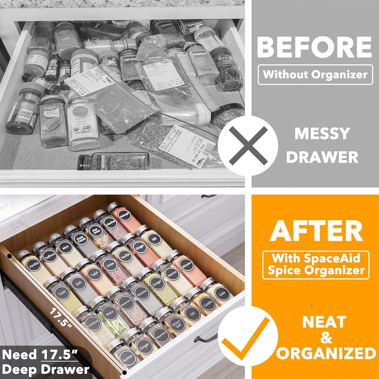 Spice Drawer Organizer Set with 28 Spice Jars, 386 Spice Labels, and 4-Tier Seasoning Rack Tray Insert for Kitchen Drawers, 13" W x 17.5" D