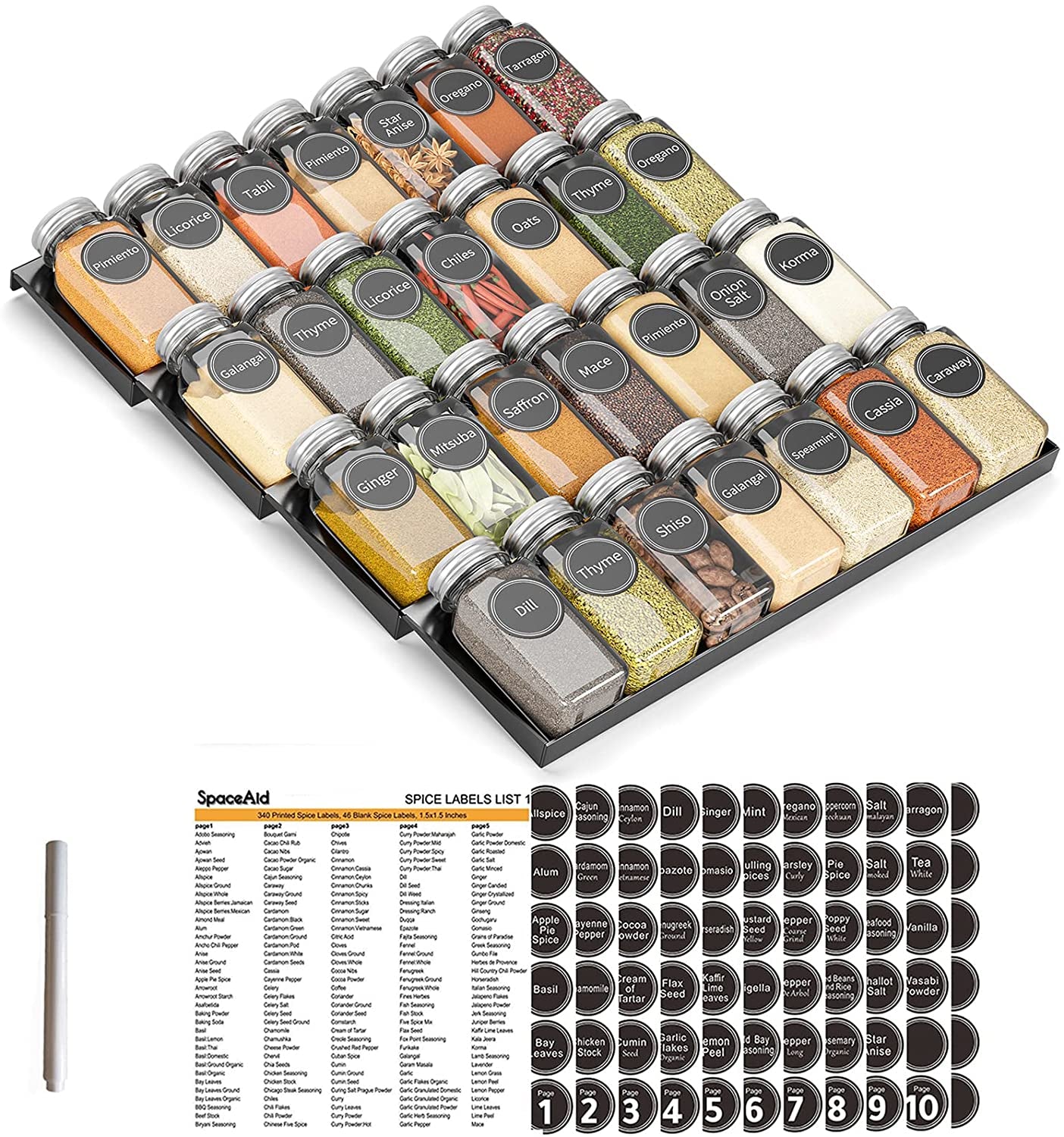 Spice Drawer Organizer Set with 28 Spice Jars, 386 Spice Labels, and 4-Tier Seasoning Rack Tray Insert for Kitchen Drawers, 13" W x 17.5" D
