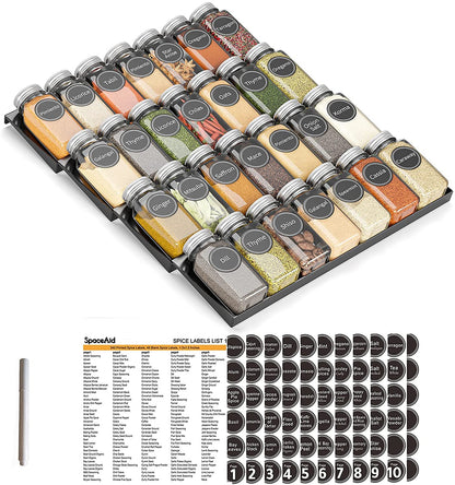 Spice Drawer Organizer Set with 28 Spice Jars, 386 Spice Labels, and 4-Tier Seasoning Rack Tray Insert for Kitchen Drawers, 13" W x 17.5" D