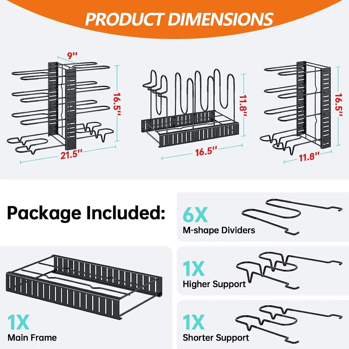 Organizer dimensions and the parts included in the package