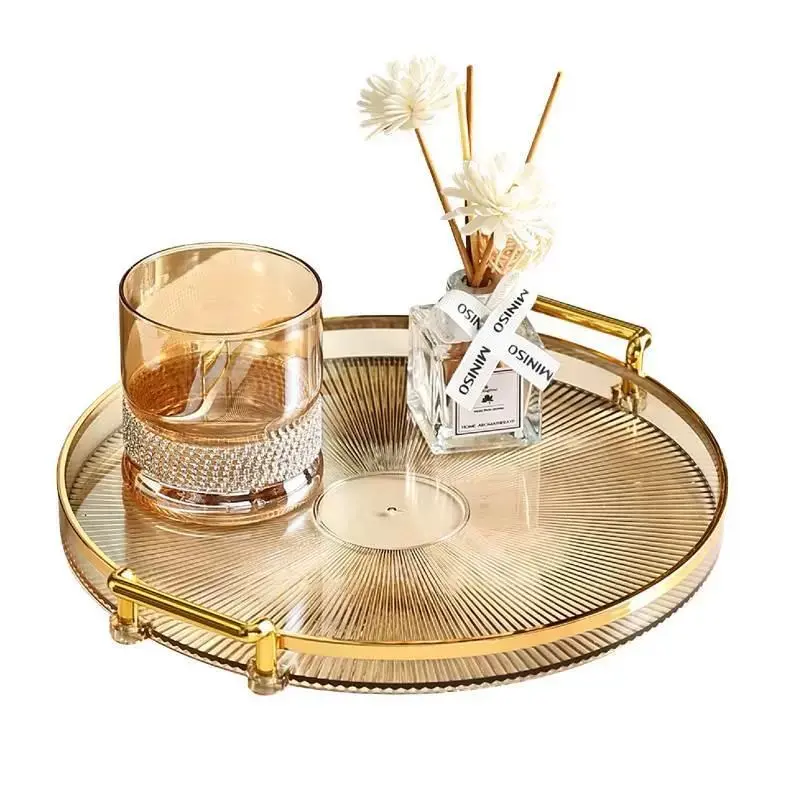 Decorative Round Serving Tray with Handles - Gold
