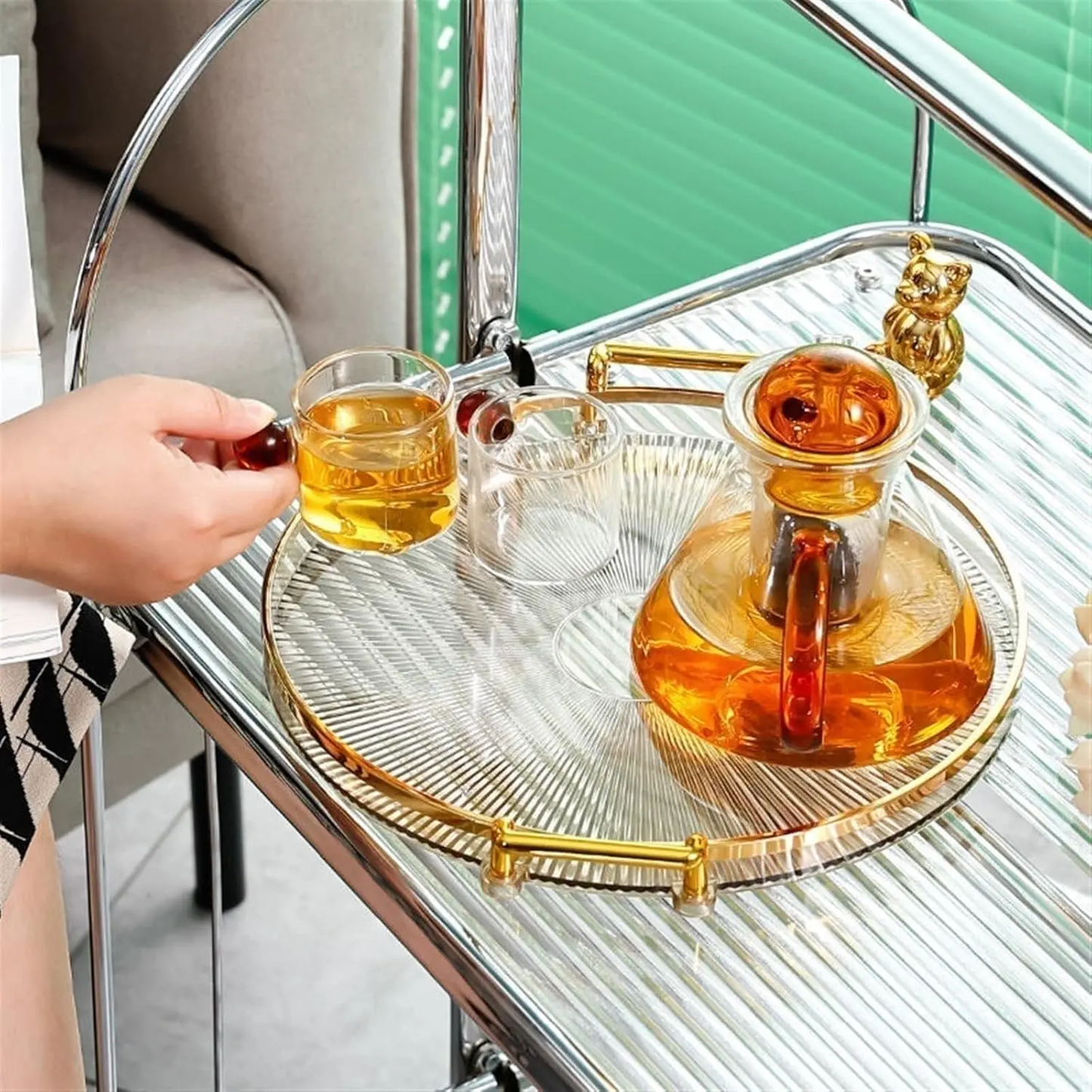 Decorative Round Serving Tray with Handles - Gold