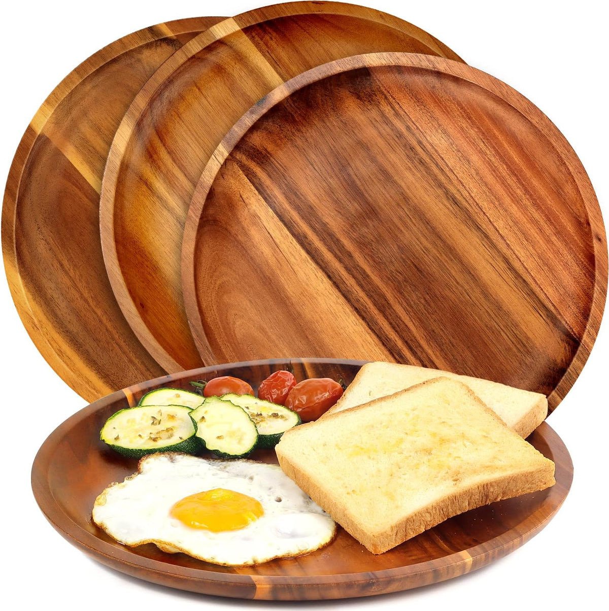 Four acacia wood dinner plates, one served with eggs, toast and vegetables
