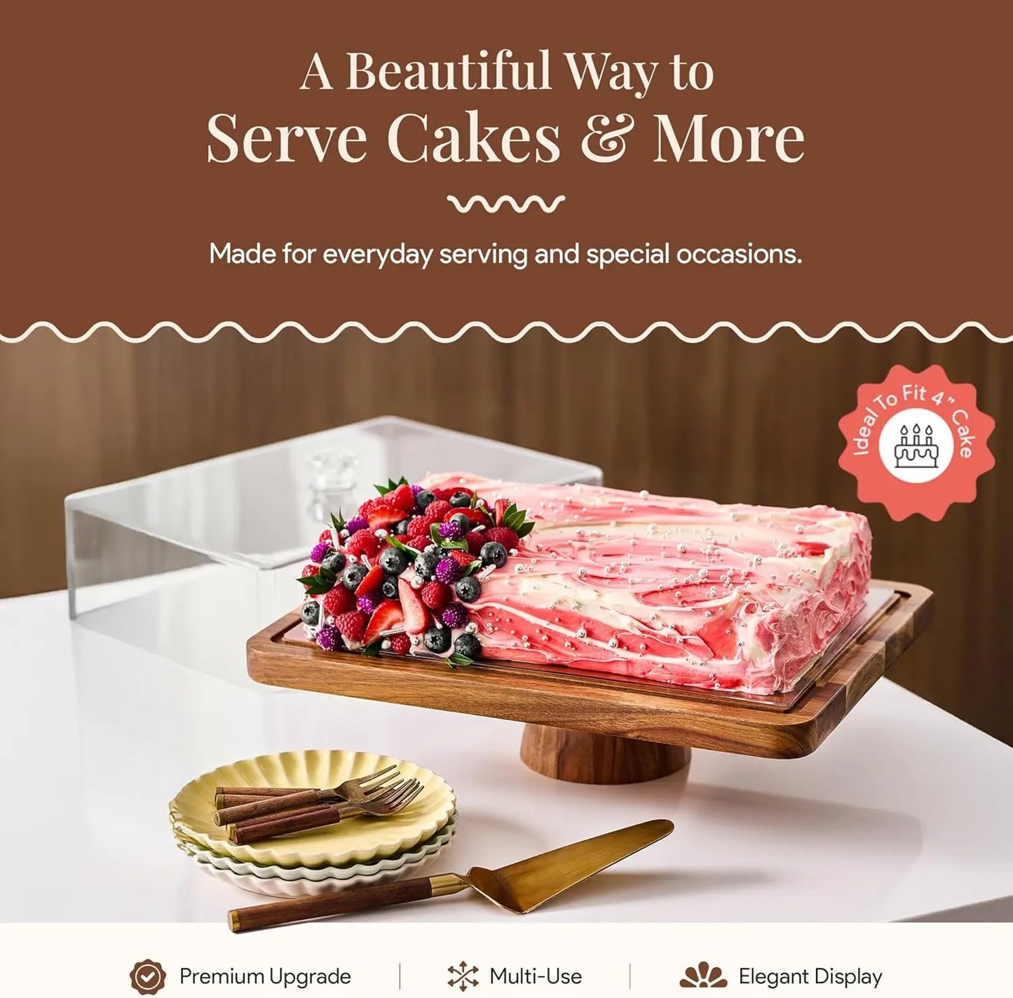 Acacia Wood Valentine Cake Stand with Lid - Rectangle Holder for Valentine'S Baking, 2-In-1 Dessert Display & Charcuterie Board, Valentine'S Day Serving Platter, Acrylic Dome Cover