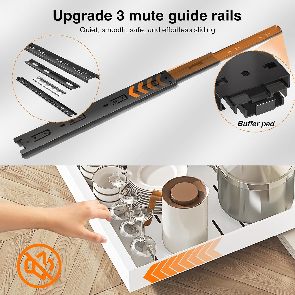 Close-up of the sliding rails of the pull-out organizer