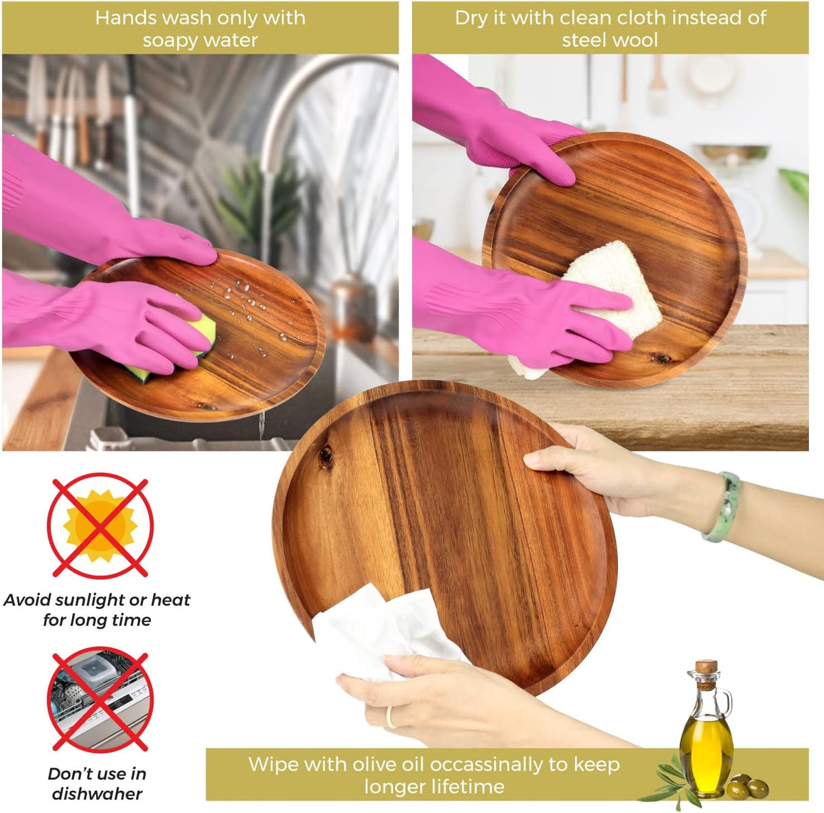 Care steps for acacia wood plates: hand wash and dry with a cloth
