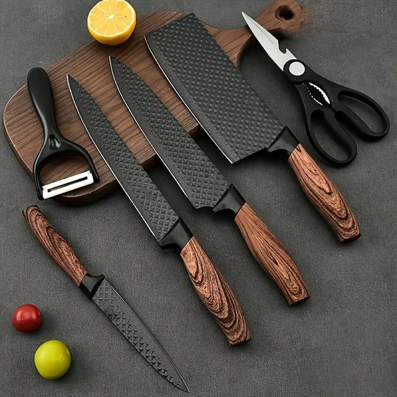 6-Piece Kitchen Knife Set - Nonstick Stainless Steel Blades with Ergonomic Wood Handles & Wooden Block