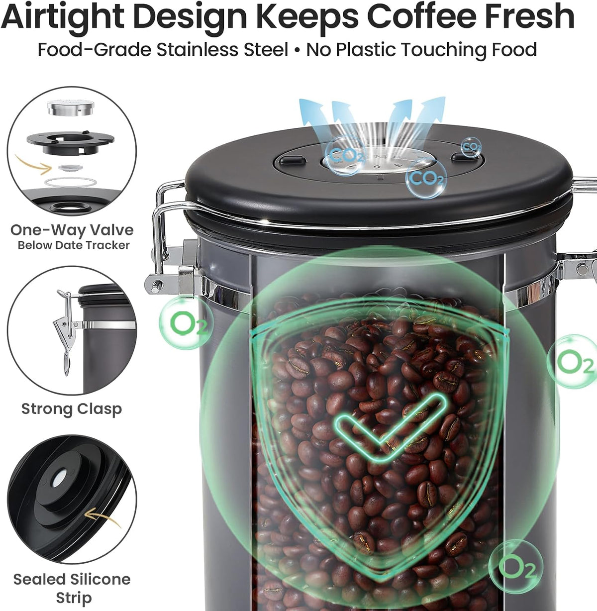 Coffee Canister, Airtight Stainless Steel Food Storage Container,22OZ