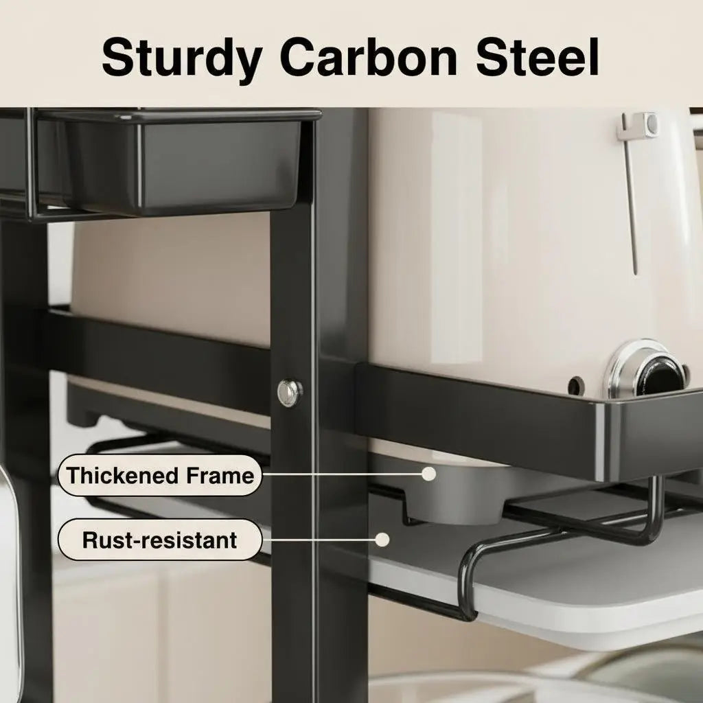 3-tier dish rack features: large capacity, thick carbon steel frame, and removable drip tray
