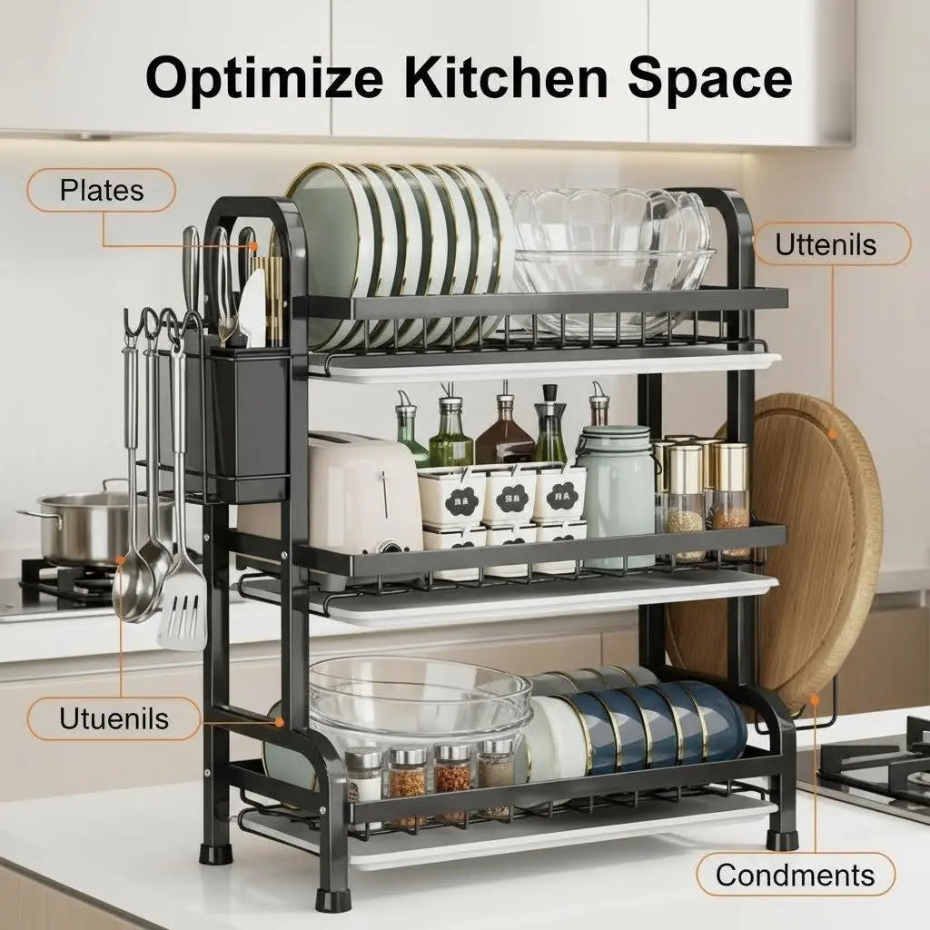 Maximize Your Kitchen Space with Our 3-Tier Stainless Steel Dish Drying Rack – Stylish Black Rustproof Metal Organizer for Plates, Glasses, and Utensils!
