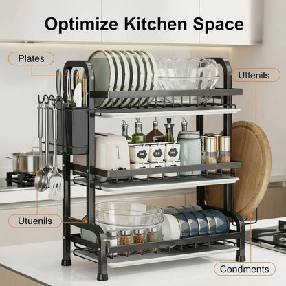 Maximize Your Kitchen Space with Our 3-Tier Stainless Steel Dish Drying Rack – Stylish Black Rustproof Metal Organizer for Plates, Glasses, and Utensils!