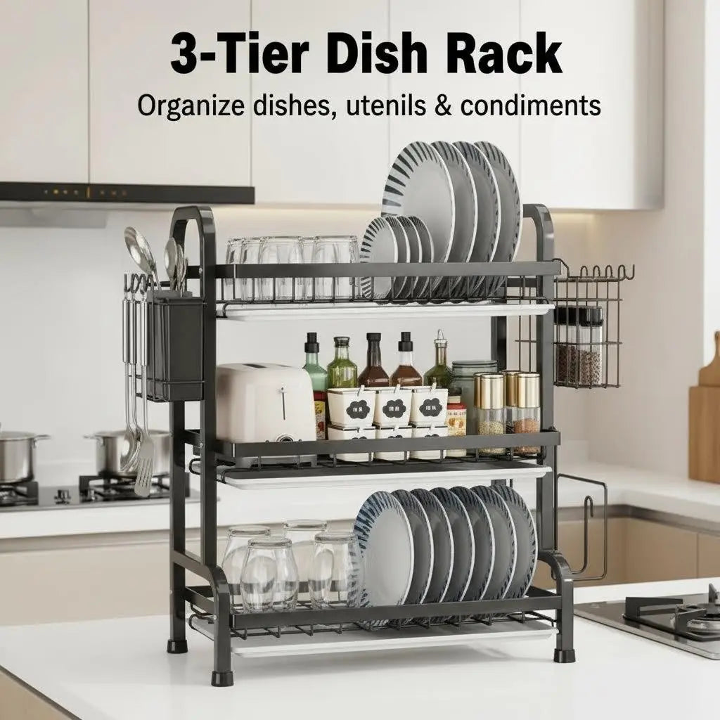 Maximize Your Kitchen Space with Our 3-Tier Stainless Steel Dish Drying Rack – Stylish Black Rustproof Metal Organizer for Plates, Glasses, and Utensils!