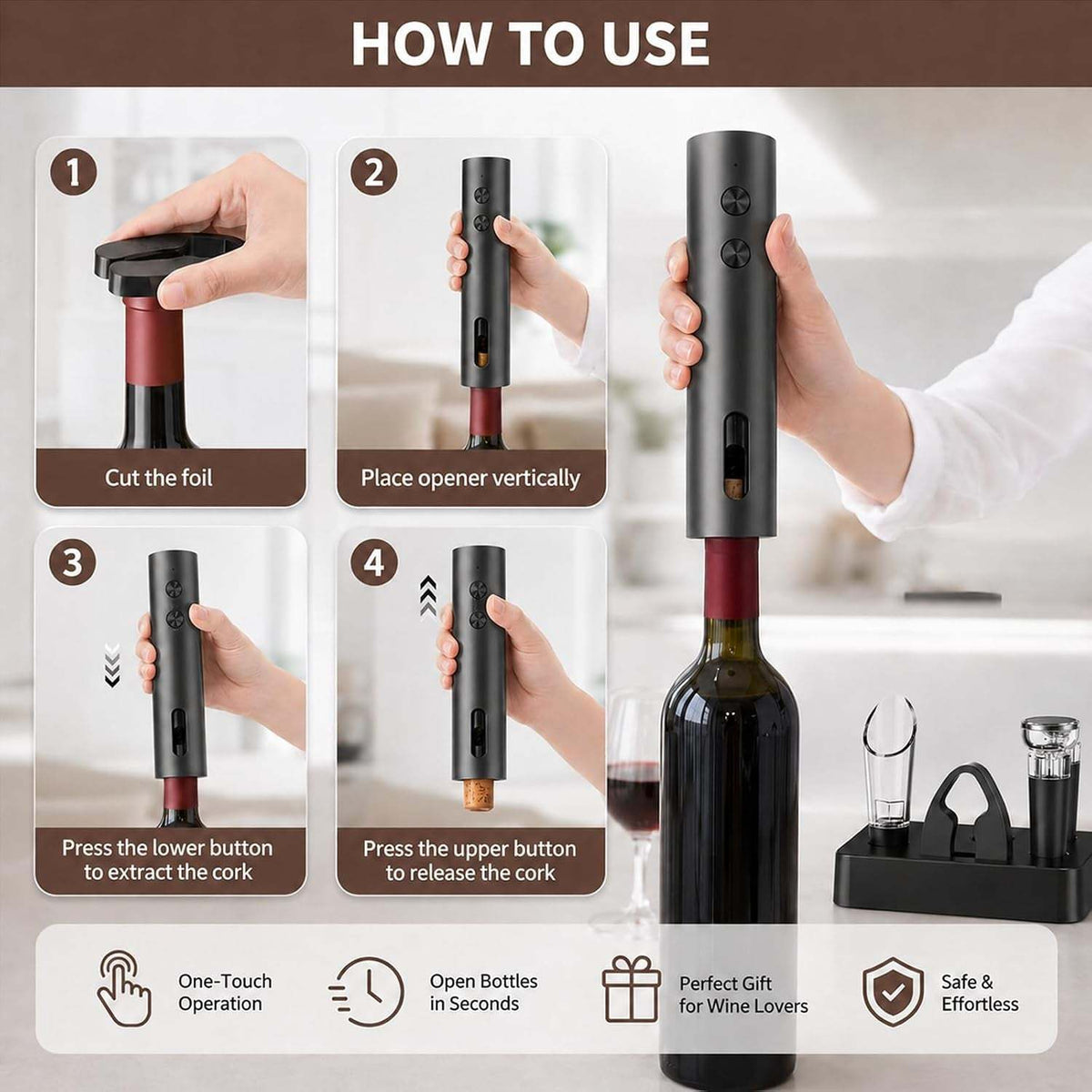 Electric Wine Opener, Rechargeable Automatic Wine Bottle Opener Set