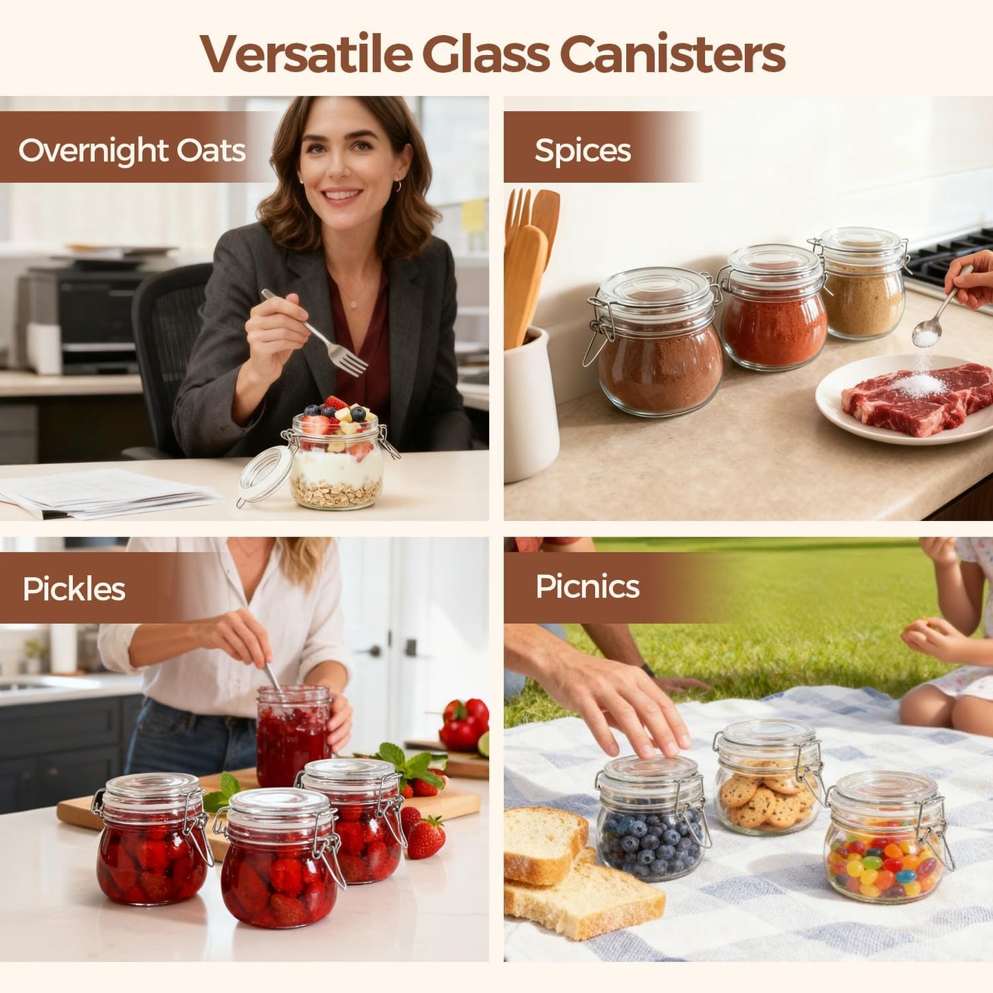 6-Pack 17oz Short Glass Storage Jars with Lids - Airtight Pint-Sized Canning Jars for Jams, Pickling, and Pantry Organization