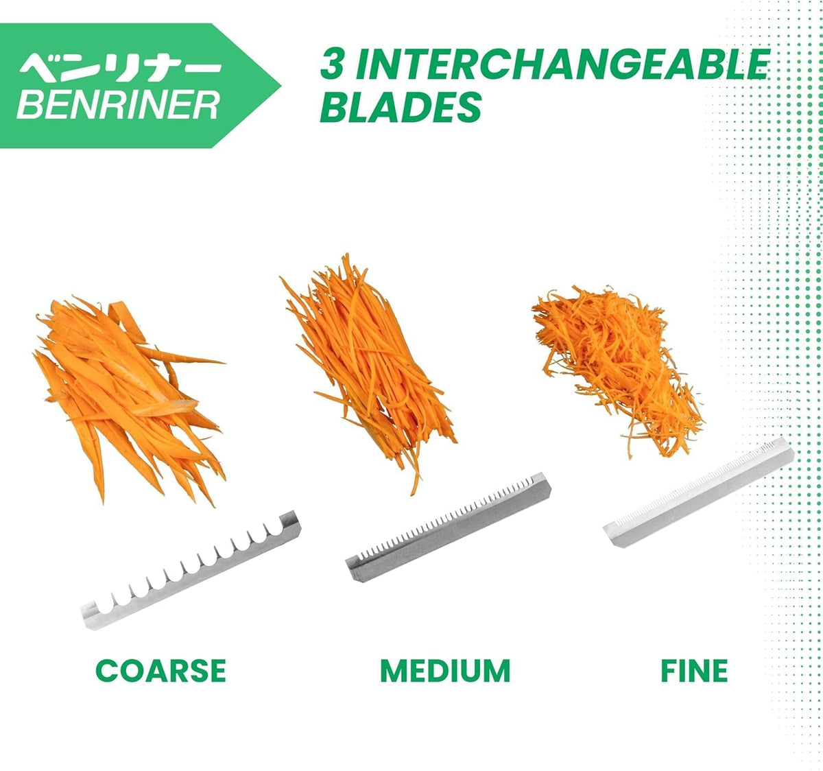 Carrot cut with the coarse, medium and fine blades