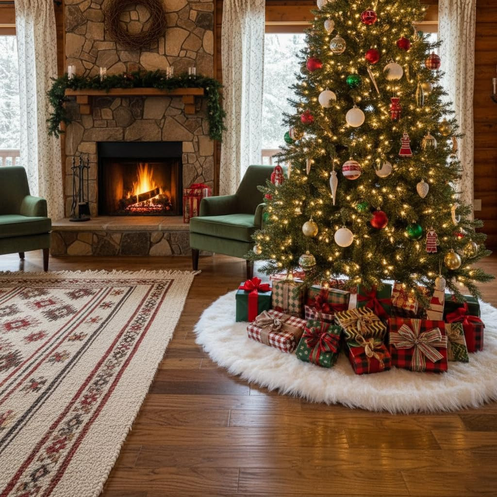 White tree skirt under a tree with red and green gifts