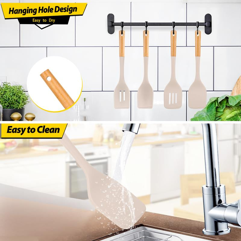 Pack of 4 Silicone Kitchen Utensils Set, Non Stick Solid Spatulas and Heat Resistant Slotted Spoons with Wooden Handle, Ideal BPA Free Cooking Utensils for Mixing,Serving,Turning,Stirring