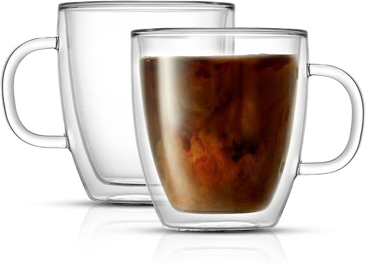 Two JoyJolt Savor double-wall glass mugs, one filled with coffee and cream