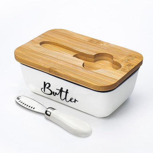 Ceramic Butter Dish with Lid & Curler Knife – Premium Large Countertop Keeper for Kitchen Farmhouse Decor, High-Quality Double Silicone Sealing, Easy-Clean Finish, Perfect Kitchenware. Butter Lover .White