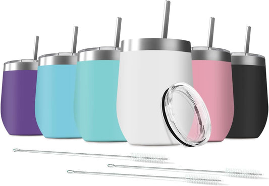 Six insulated wine tumblers in assorted colors with lids, straws and brushes