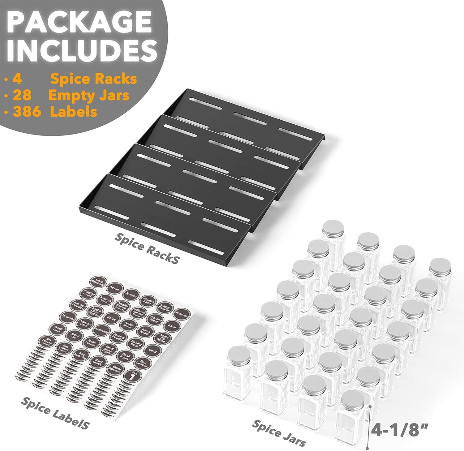Spice Drawer Organizer Set with 28 Spice Jars, 386 Spice Labels, and 4-Tier Seasoning Rack Tray Insert for Kitchen Drawers, 13" W x 17.5" D