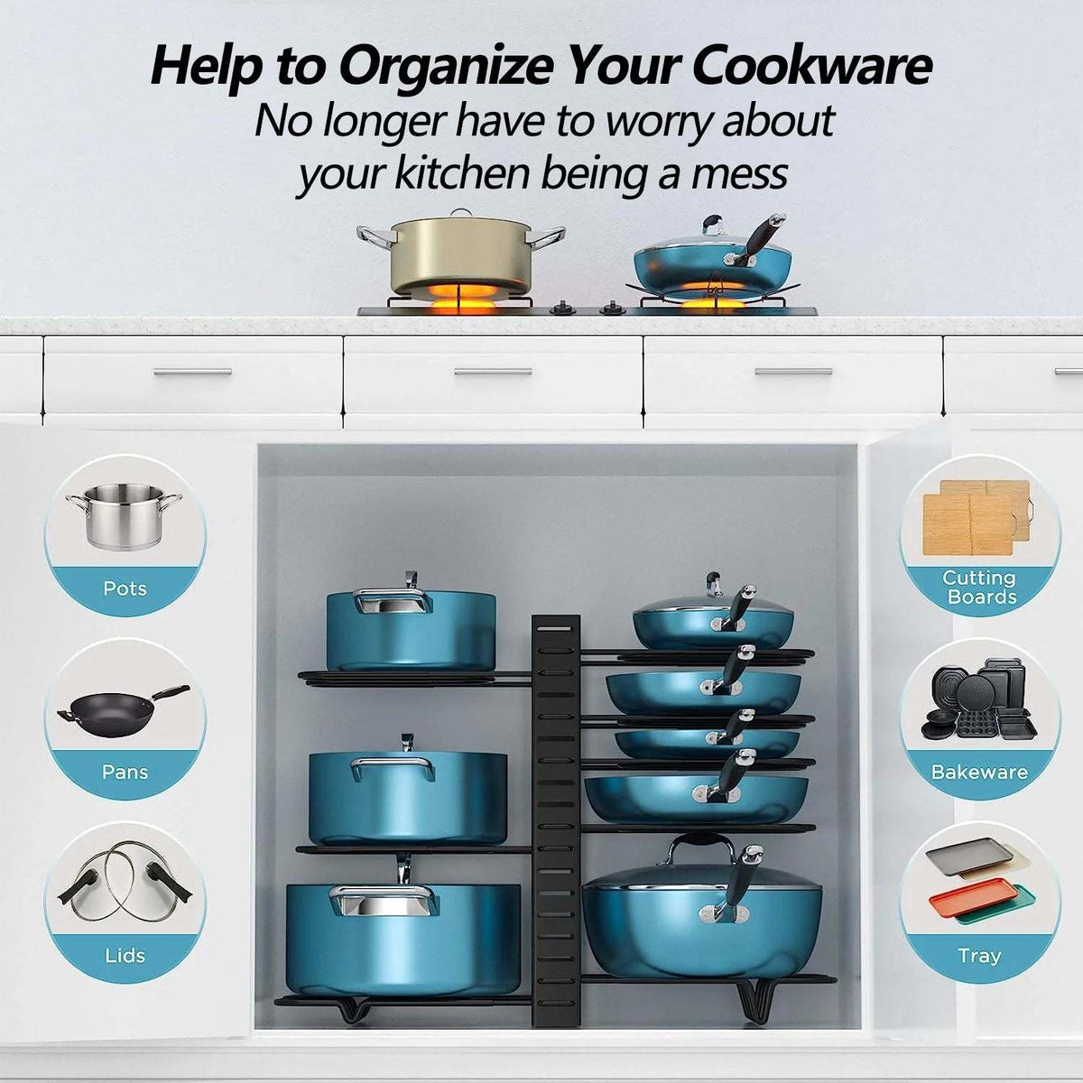 Pot and pan organizer in a kitchen cabinet holding blue cookware