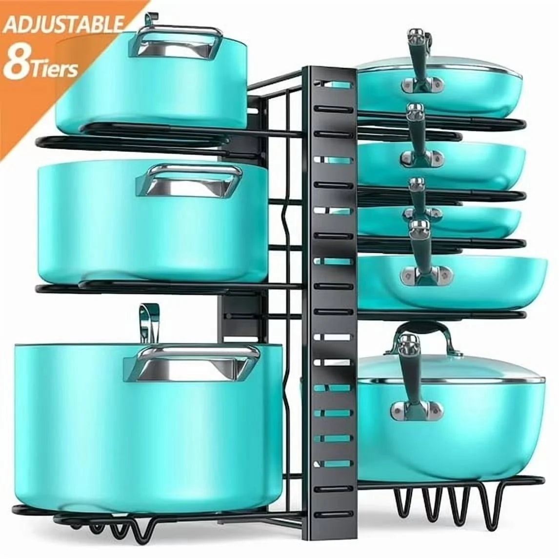 8-tier pot and pan organizer rack with adjustable dividers for cabinet storage