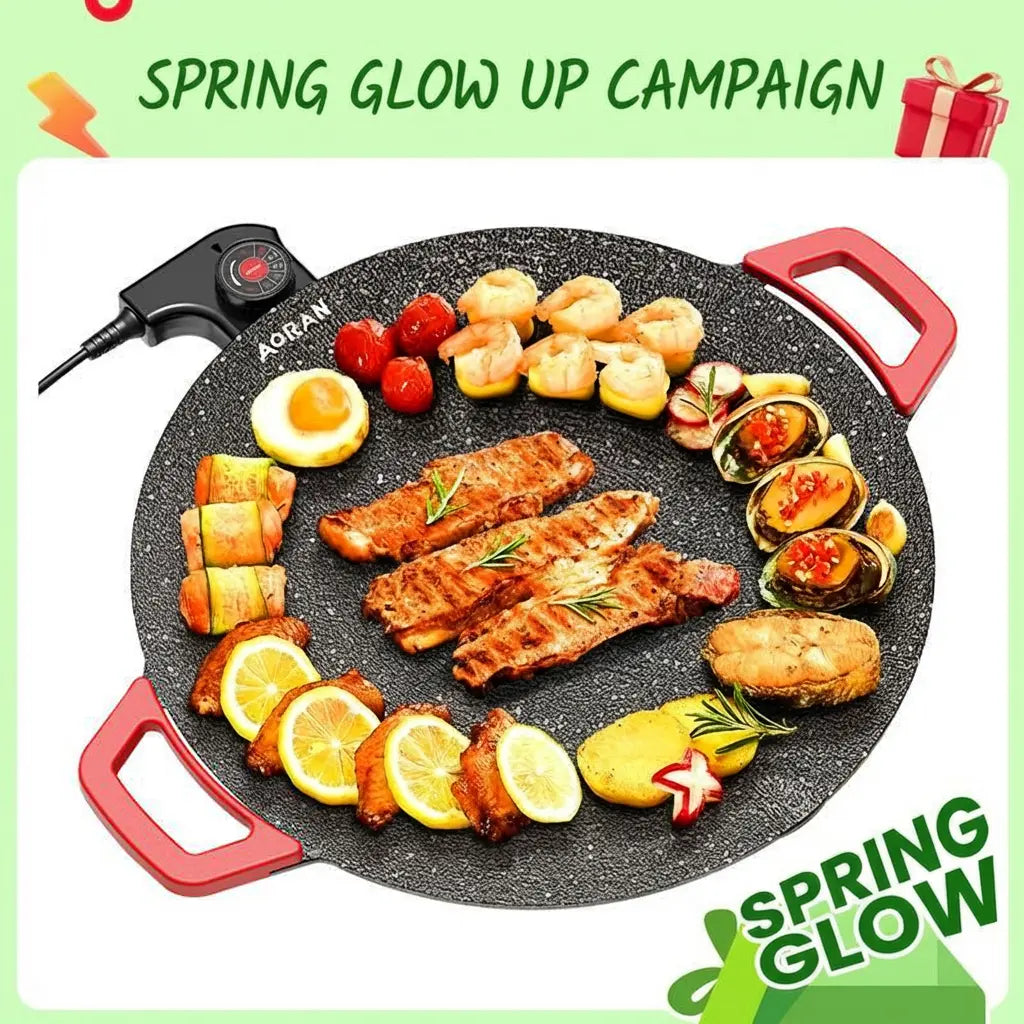 AORAN KITCHEN 1500W Portable Electric Korean BBQ Grill Indoor Smokeless Non-Stick Grill Pan Adjustable Temperature Control Universal Fry Griddle for Home Cooking