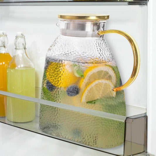 Fridge Door Water Pitcher, 1.8 Liter/60Oz Gold Lid, High Borosilicate Glass Leakproof Ice Tea Pitcher for Hot or Cold Beverage