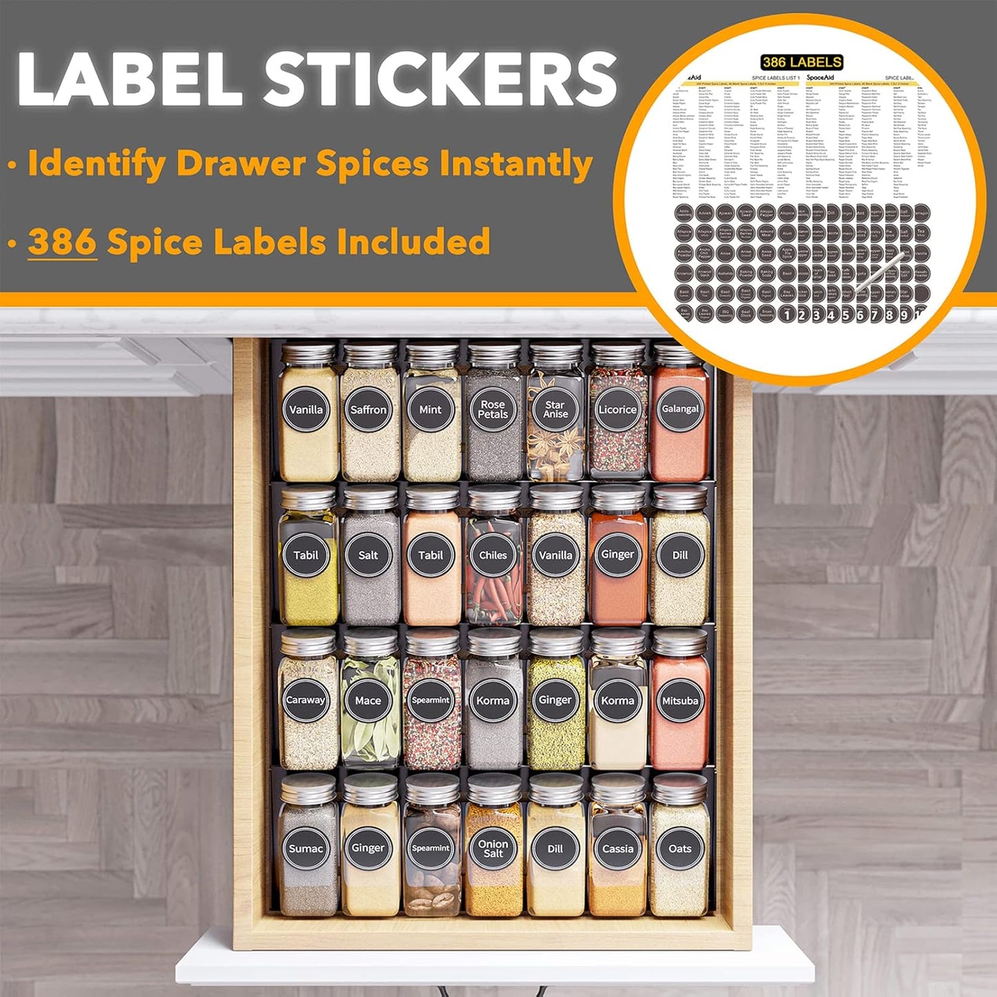 Spice Drawer Organizer Set with 28 Spice Jars, 386 Spice Labels, and 4-Tier Seasoning Rack Tray Insert for Kitchen Drawers, 13" W x 17.5" D