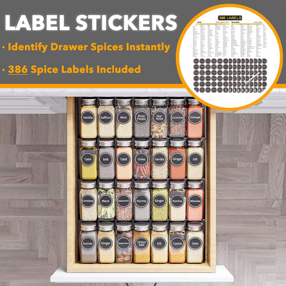 Spice Drawer Organizer Set with 28 Spice Jars, 386 Spice Labels, and 4-Tier Seasoning Rack Tray Insert for Kitchen Drawers, 13" W x 17.5" D