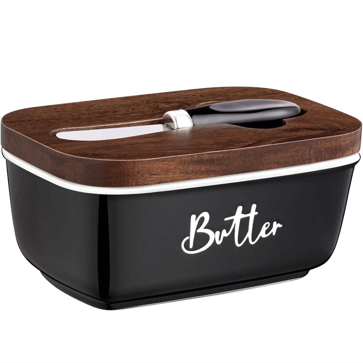 Black ceramic butter dish with an acacia wood lid and a butter knife resting on the lid