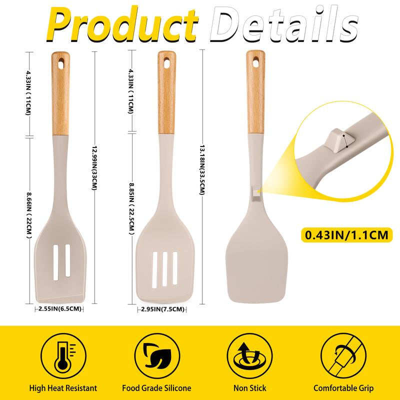 Pack of 4 Silicone Kitchen Utensils Set, Non Stick Solid Spatulas and Heat Resistant Slotted Spoons with Wooden Handle, Ideal BPA Free Cooking Utensils for Mixing,Serving,Turning,Stirring