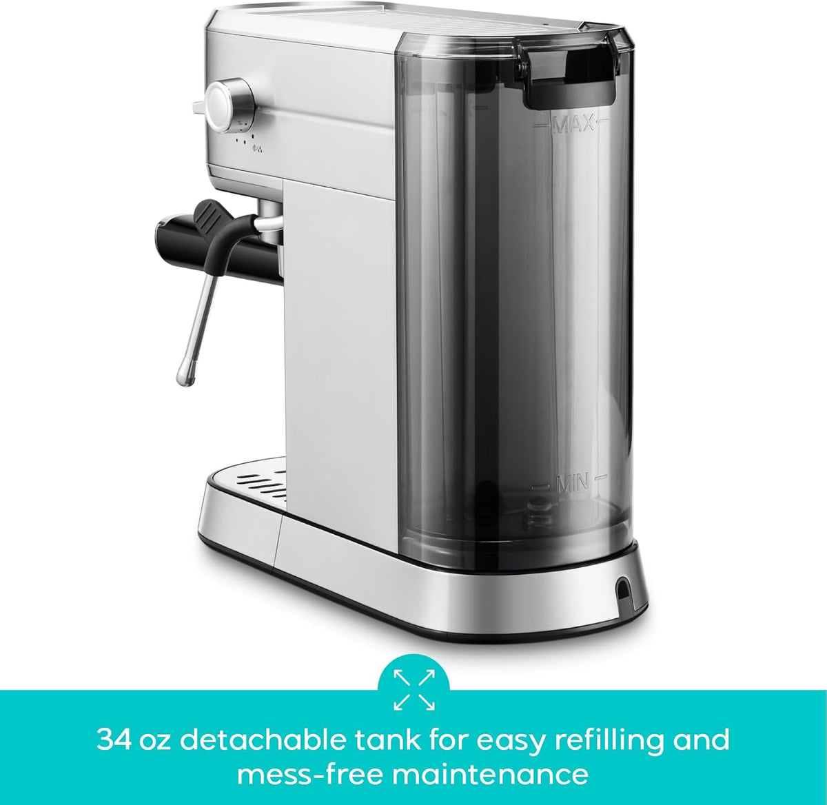 Back view of the machine showing the 34 oz detachable water tank